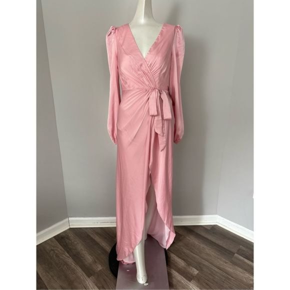 NWT MAC DUGGAL DRAPED FAUX WRAP PUFF SLEEVED HIGH LOW GOWN ROSE PINK 12 55624 - Picture 2 of 7